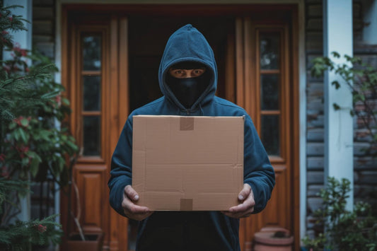 Person in a dark hoodie and mask holding a cardboard box in front of a house entrance.